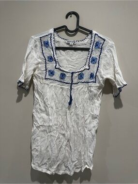 White Cotton Embroidered Square-Neck Top with Blue Accents